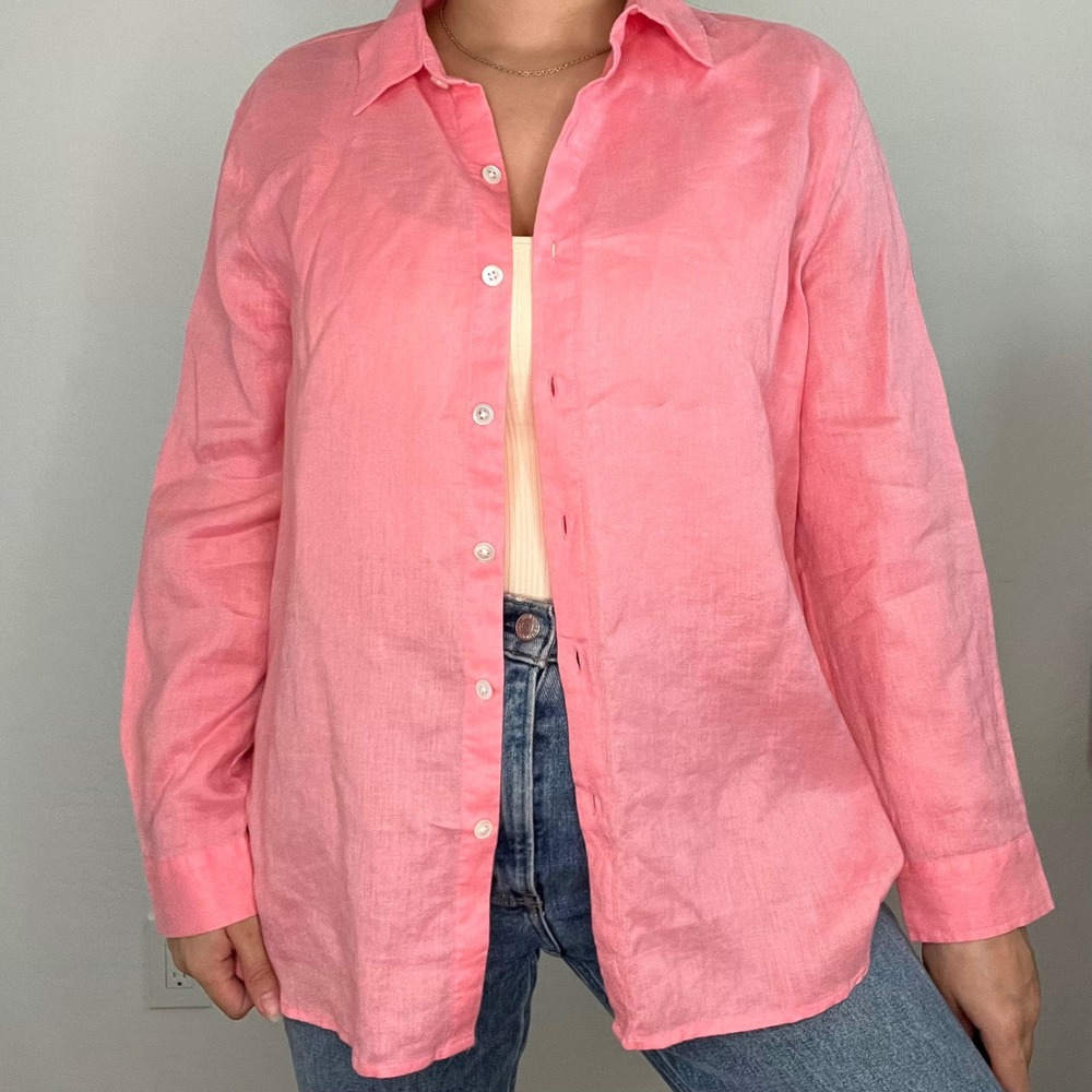 J. Jill 100% Linen Button Up Shirt Petite S Pink Long‎ Sleeve Casual Blouse Top
